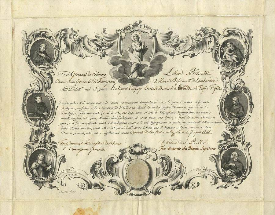 attestato-per-indulgenze-con-sette-ritratti-in-cartiglio-raffiguranti-la-madonna-e-sei-santi-a-penna-convento-di-san-pietro-in-rezzato-li-4-giugno-1845