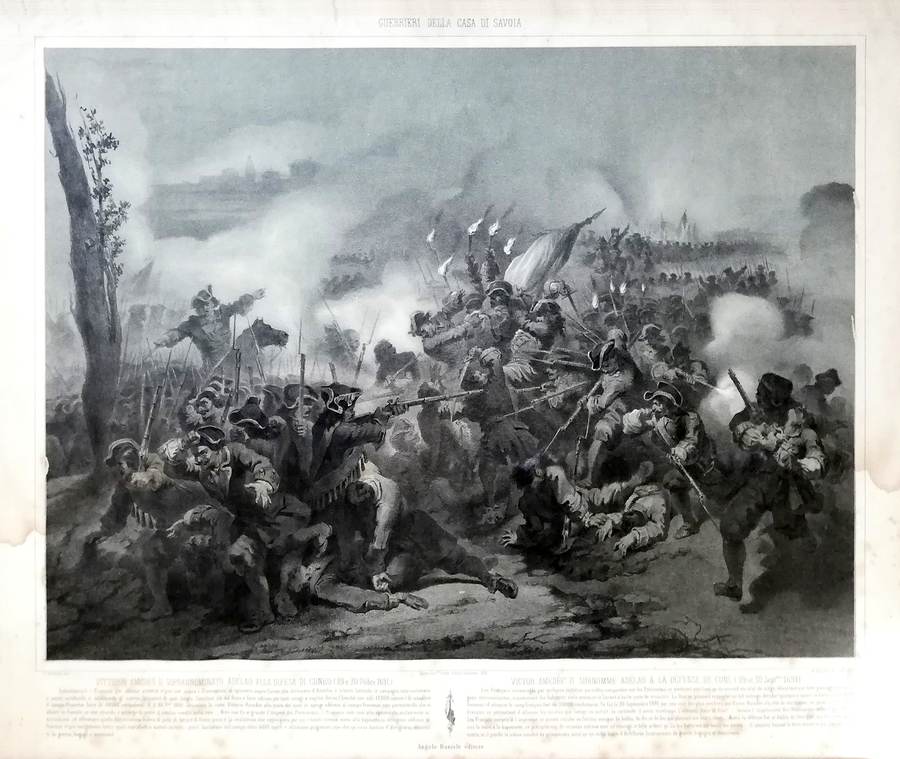guerrieri-della-casa-di-savoia-vittorio-amedeo-ii-soprannominato-adelao-alla-difesa-di-cuneo-29-e-30-7mbre-1691-t-de-bally-inv-torino-litografia-flli-doyen-piazza-carignano-1858-a-daniele-dis-in-litografia-angelo-daniele-editore
